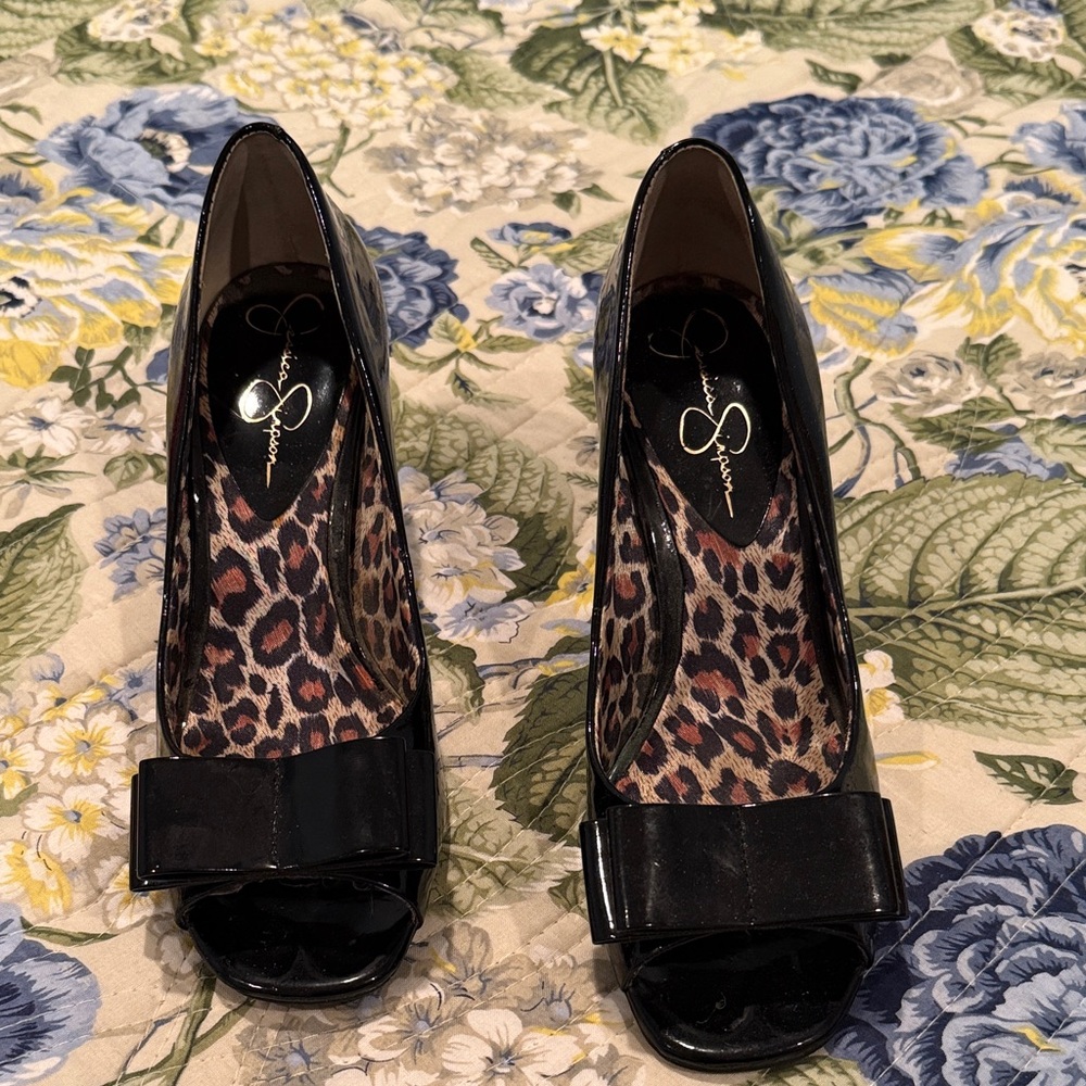 Jessica Simpson Black Peep-Toe Heels with Bow